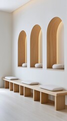 Serene minimalist veterinary waiting room interior design showcasing three arched wooden alcoves with comfortable cushions and a long bench perfect for pet owners awaiting their