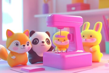 Fototapeta premium Adorable cartoon animals surrounding a pink sewing machine in a pastel room.