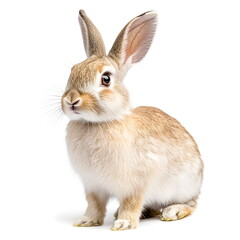 Obraz premium A beautifully detailed portrait of a rabbit standing in side view, its soft light brown and white fur carefully textured, large expressive eyes full of curiosity, and perked-up ears, isolated on