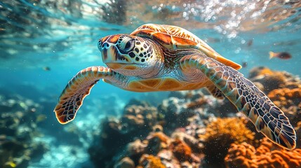 Obraz premium A majestic sea turtle gracefully swimming through vibrant coral reefs underwater
