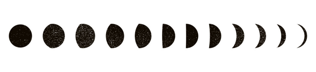 Lunar moon phases with crescent, half, and full cycle, celestial night sky elements, black and white astronomy icon set. Flat vector illustration isolated on white background.
