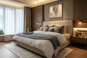 Interior shot of bedroom with contemporary design, Living room decoration with modern and luxury design, Interior design example for architect.	