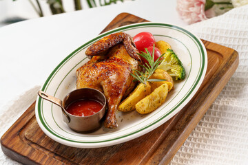 Western-style roasted chicken and side dishes on a monochrome background