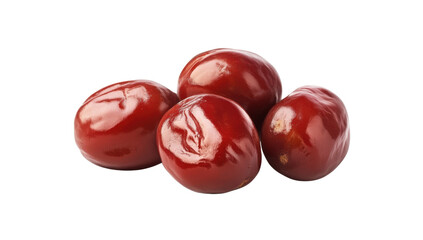 Four shiny red jujube fruits arranged closely together on a transparent background, showcasing the fresh, healthy, and vibrant nature of these sweet treats