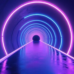 Obraz premium Neon tunnel, vibrant lights, reflective floor, futuristic background, digital art