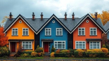 Colorful houses in a row on an autumn day.