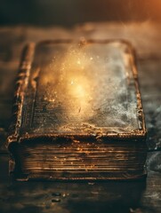 Golden glow emphasizes gentle vignettes along the edges of an aged book page, creating a warm, nostalgic atmosphere