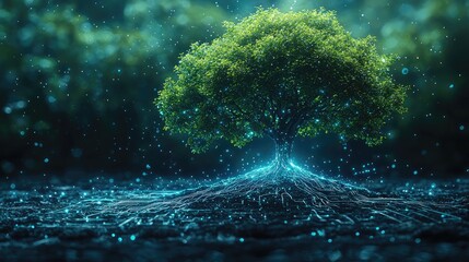 Majestic glowing tree with vibrant roots in a serene forest setting