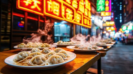Fototapeta premium Night market food court with neon lights Concept, Bright Neon Signs Illuminate Street Tables Filled with Steaming Dumplings in a Vibrant Night Scene