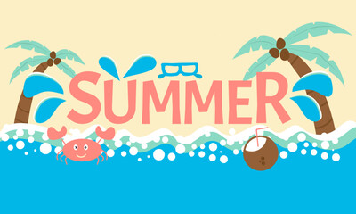 Summer. Postcard or banner with cartoon character crab, sea, sand, palm trees, coconut, splash of waves, water, ocean. Vector illustration