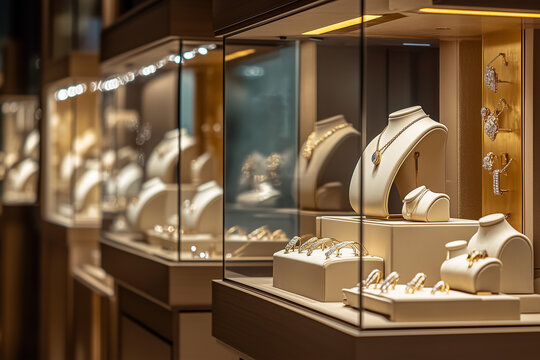 High luxury brand jewelry shop, Selective focus necklace, earrings, ring and bracelet, Luxury diamond and precious gems accessories store in Paris street.