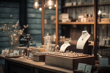 Fototapeta premium High luxury brand jewelry shop, Selective focus necklace, earrings, ring and bracelet, Luxury diamond and precious gems accessories store in Paris street.