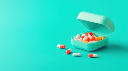 Colorful Capsules and Tablets in Open Mint Green Case on Bright Teal Background for Health and Wellness Concepts