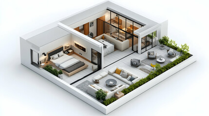 Modern apartment floor plan, outdoor terrace, city living