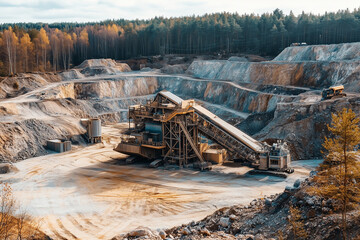 Fototapeta premium Mountain mine quarry in the forest, Stone mining site in the wood, Landscape view of cement and concrete powder collecting mining site.