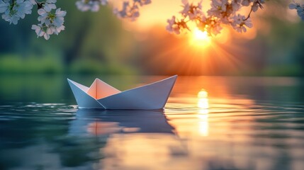 Paper boat floats on calm water at sunset under cherry blossoms.