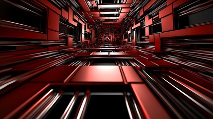Futuristic Abstract Red Metallic Corridor with Geometric Shapes and Reflective Surfaces in 3D Space