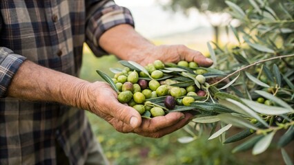 olive oil making An elderly person harvests ripe olives from a tree, showcasing the connection to nature and agriculture.