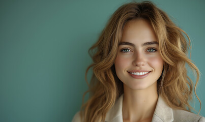 Fototapeta premium businesswoman smiling confidently against blue backdrop, generative ai