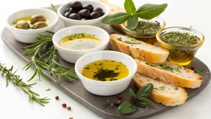 olive oil making A delicious platter of olive oils, herbs, and bread for dipping, garnished with olives and fresh greens.