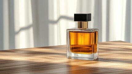 A golden perfume bottle sits elegantly on a minimalist table, illuminated by soft light filtering through white curtains