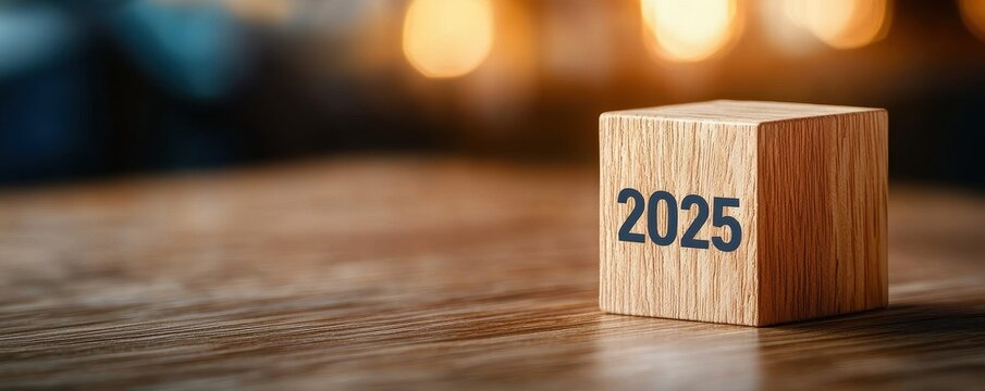Business mindset with goals and focus concept. Wooden block displaying the year 2025 with a blurred background of warm lights.