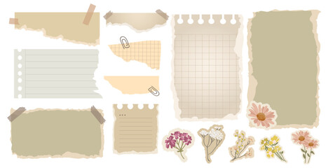 Vintage Aesthetic torn paper notes, lined and grid paper, taped scraps, and floral stickers design set. Perfect for scrapbooking, journaling, social media graphics, and creative.Vector illustration