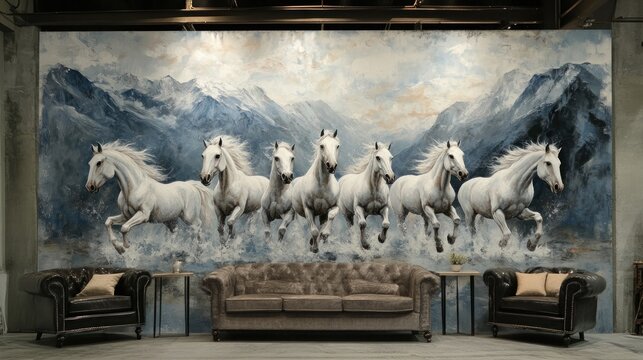 Seven white horses galloping through a snowy mountain landscape, displayed as a large wall art piece in a contemporary living room.