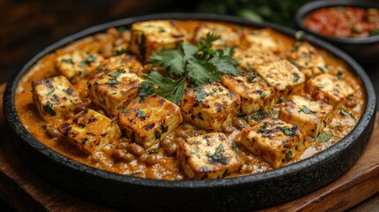 Deliciously plated paneer curry with herbs, served in a rustic setting