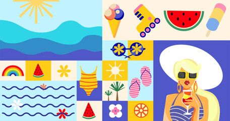 Modern Summer collage banner background with woman in sunglasses,ocean, tropical elements, beach,vacation symbols in flat design.Ideal for travel promotions, summer marketing,lifestyle branding.Vector