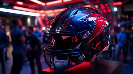 Fototapeta premium Spotlight on Gridiron Glory: A Football Helmet Displayed Amidst an Audience