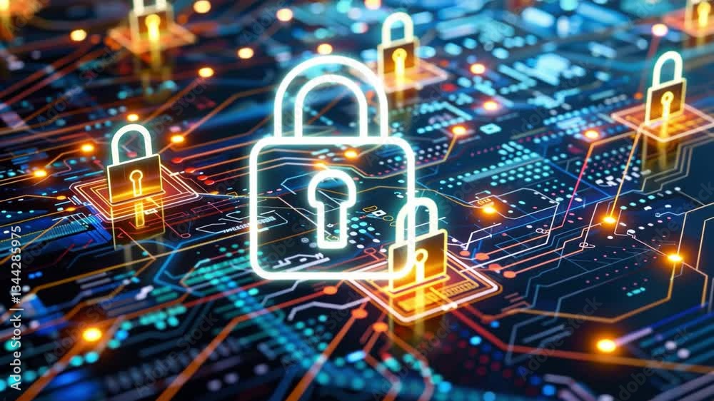 Poster glowing padlock icon on digital circuit board symbol of cybersecurity, data protection, and advanced