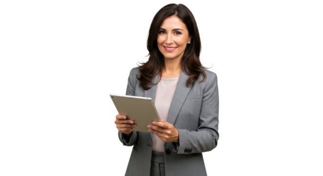 Happy businesswoman with tablet, business concept isolated on transparent, White background - Powered by Adobe