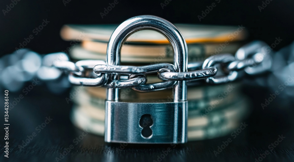Poster A sturdy lock secured by a chain encircles a stack of banknotes, emphasizing the importance of safeguarding financial resources and maintaining privacy in banking practices.