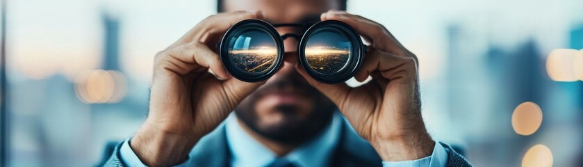 Fototapeta na wymiar Business mindset with goals and focus concept. Person looking through binoculars, focusing on a distant view in a city setting.