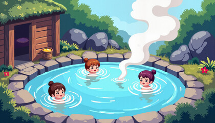 Animated characters enjoying hot springs in a vibrant landscape, nostalgia