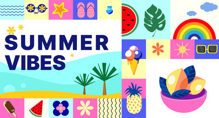 Colorful geometric Summer banner background collage with Tropical Elements.Summer Vibes vector illustration for social media, banners, posters, invitations, promotions