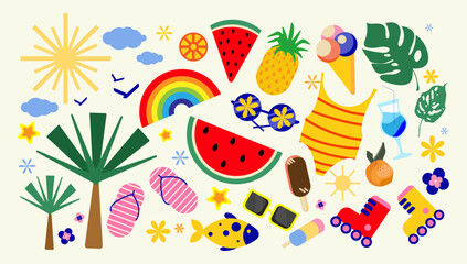 Summer icons set with tropical elements such as palm trees, watermelon, ice cream, sunglasses, flip flops, a rainbow, playful flat design for summer graphics, travel promotions, social media.Vector