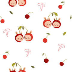 rabbit heads  in  cherries  with leaves and bows seamless pattern , vector , illustration
