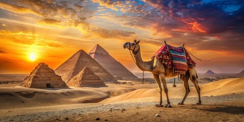 Fototapeta premium Panoramic View: Camel Tied Before Majestic Pyramids at Sunset