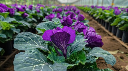 A plantation of purple cabbage plants with large leaves
