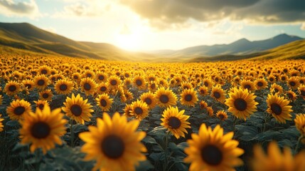 Obraz premium Sunlit sunflower field at sunset, rolling hills.