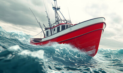 Red fishing trawler battling stormy seas, dramatic ocean waves crashing against the hull.  Powerful image of resilience and the fishing industry.