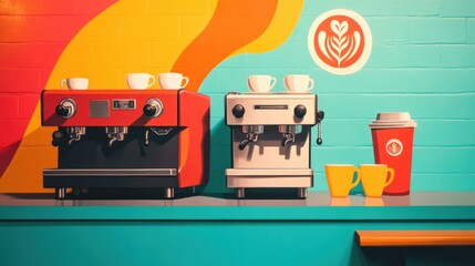 Naklejka premium Cheerful Coffee Shop Counter Featuring Colorful Espresso Machines and Creative Wall Art for Vibrant Cafe Atmosphere