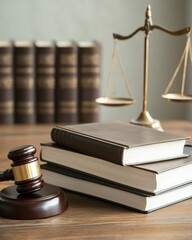 A gavel rests on stacked law books beside a scale of justice, symbolizing the legal profession and the pursuit of fairness in the judicial system. - obrazy, fototapety, plakaty
