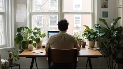 A person sits at a desk in a bright room filled with plants, working on a computer while gazing out the window.