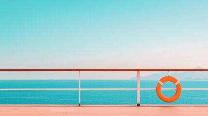 Obraz premium Serene View from a Cruise Ship with Bright Orange Life Ring Hanging Over a Calm Blue Ocean and Clear Sky at Dawn or Dusk Horizon