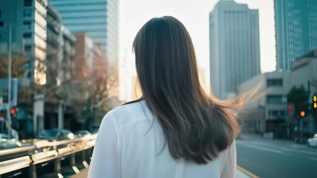 都会を歩く若い女性の、髪がなびく後ろ姿を追う