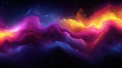 Obraz premium Abstract cosmic landscape with vibrant, swirling nebulae in pink, purple, and yellow hues. Ideal for backgrounds, science fiction, and fantasy projects needing a celestial atmosphere.