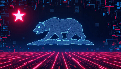 Futuristic California flag with digital grid, modern symbolism